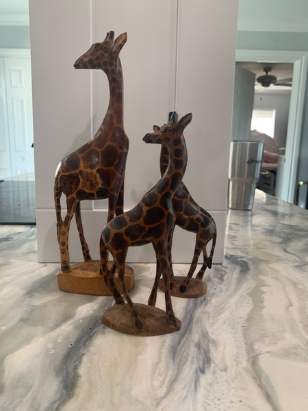 Vintage Kenyan handmade Jacaranda wood giraffe figurines set