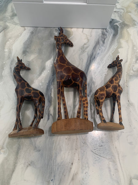 Vintage Kenyan handmade Jacaranda wood giraffe figurines set