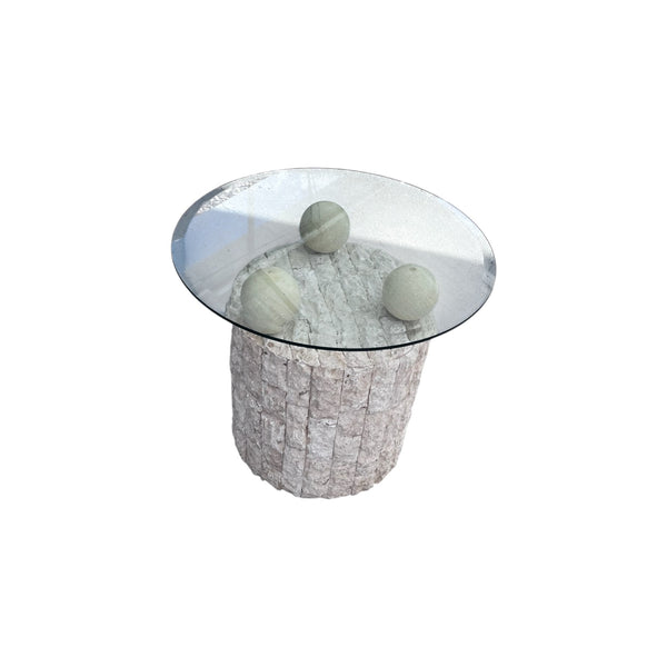 Vintage Postmodern Tessellated Mactan Stone Geometric Side Table with glass top
