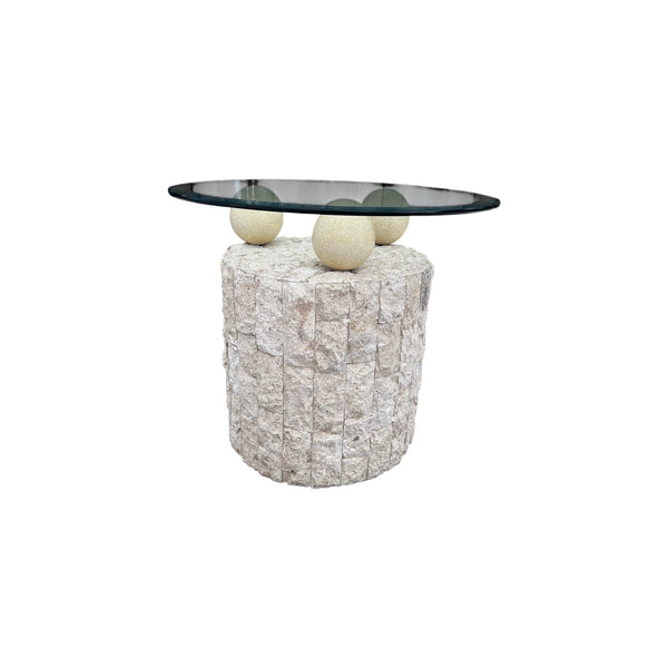Vintage Postmodern Tessellated Mactan Stone Geometric Side Table with glass top