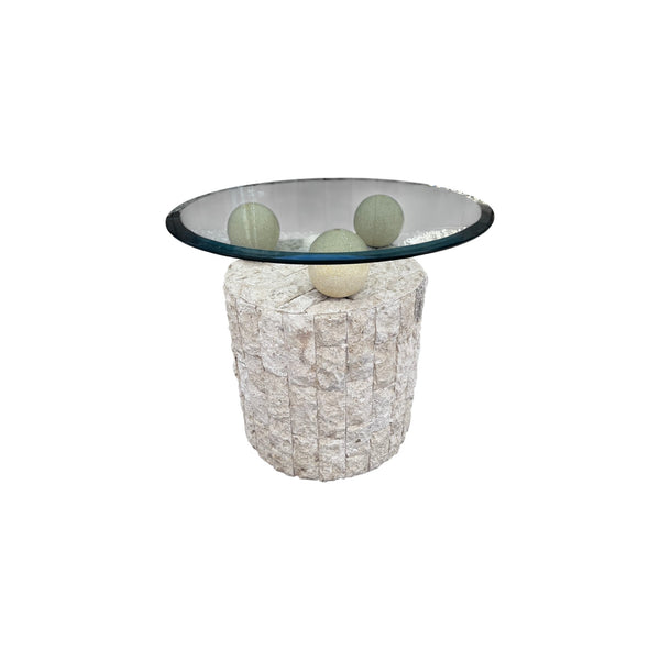 Vintage Postmodern Tessellated Mactan Stone Geometric Side Table with glass top