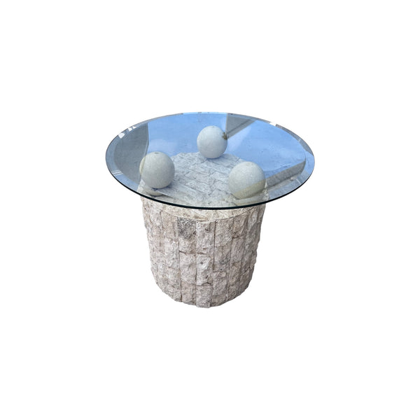 Vintage Postmodern Tessellated Mactan Stone Geometric Side Table with glass top