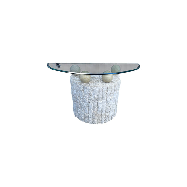 Postmodern Tessellated Stone Demi Lune Glass Top Console Table