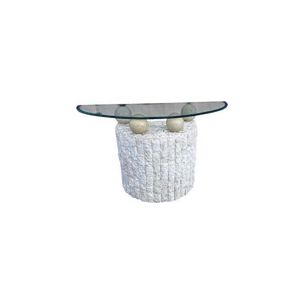 Postmodern Tessellated Stone Demi Lune Glass Top Console Table