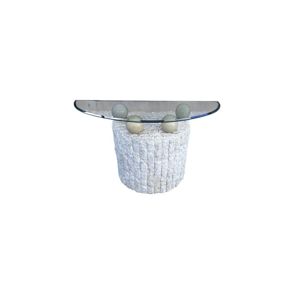 Postmodern Tessellated Stone Demi Lune Glass Top Console Table
