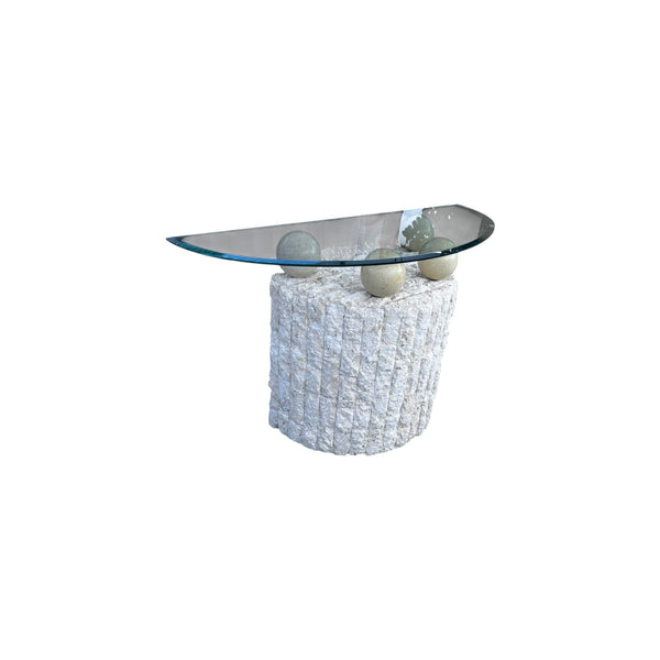 Postmodern Tessellated Stone Demi Lune Glass Top Console Table