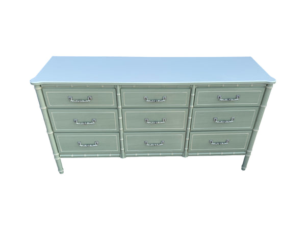 Faux Bamboo Dresser Hollywood Regency Beach 9 drawers Henry Link Bali Hai Style