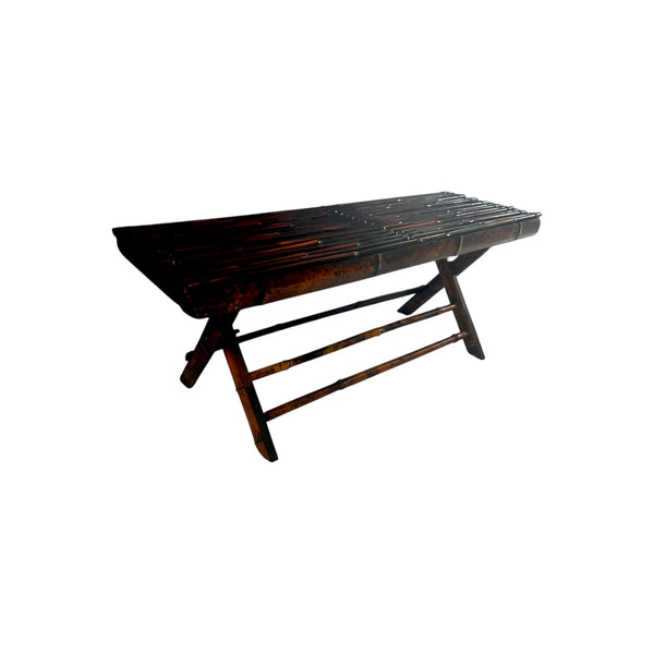 Vintage Boho Burnt Bamboo Folding legs bench settee.