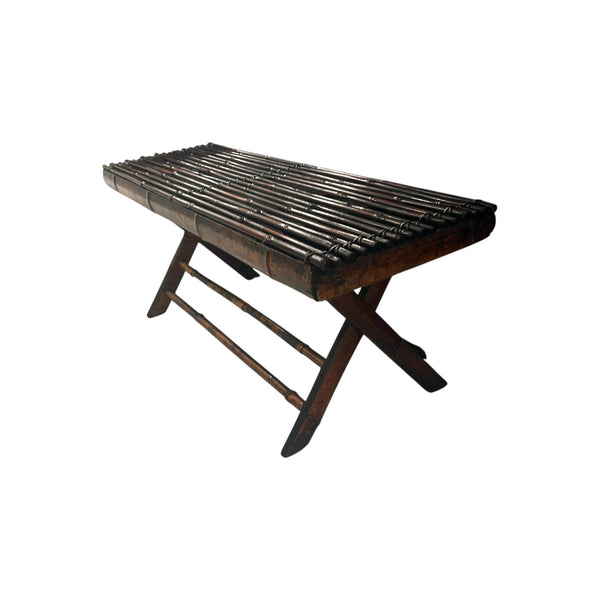 Vintage Boho Burnt Bamboo Folding legs bench settee.