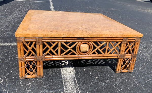 Vintage Bamboo & Rattan Chinoiserie Fretwork Faux Marble Top Coffee Table