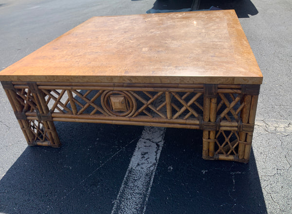 Vintage Bamboo & Rattan Chinoiserie Fretwork Faux Marble Top Coffee Table