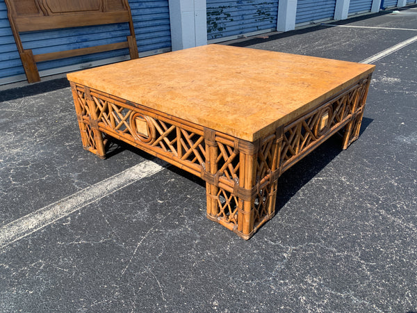 Vintage Bamboo & Rattan Chinoiserie Fretwork Faux Marble Top Coffee Table