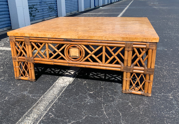 Vintage Bamboo & Rattan Chinoiserie Fretwork Faux Marble Top Coffee Table