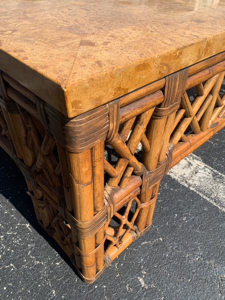 Vintage Bamboo & Rattan Chinoiserie Fretwork Faux Marble Top Coffee Table