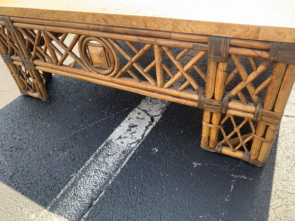 Vintage Bamboo & Rattan Chinoiserie Fretwork Faux Marble Top Coffee Table