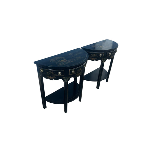 Pair of Regency Style Chinoiserie Decorated Demilune Consoles by Thomasville
