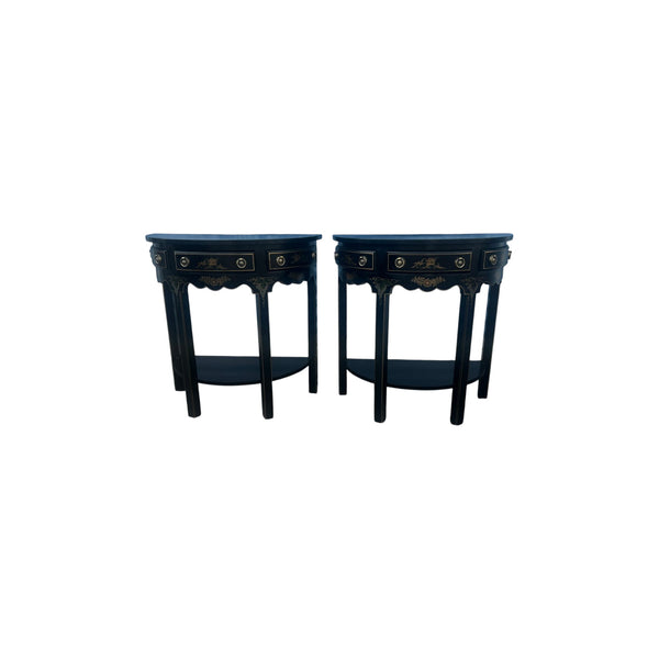 Pair of Regency Style Chinoiserie Decorated Demilune Consoles by Thomasville