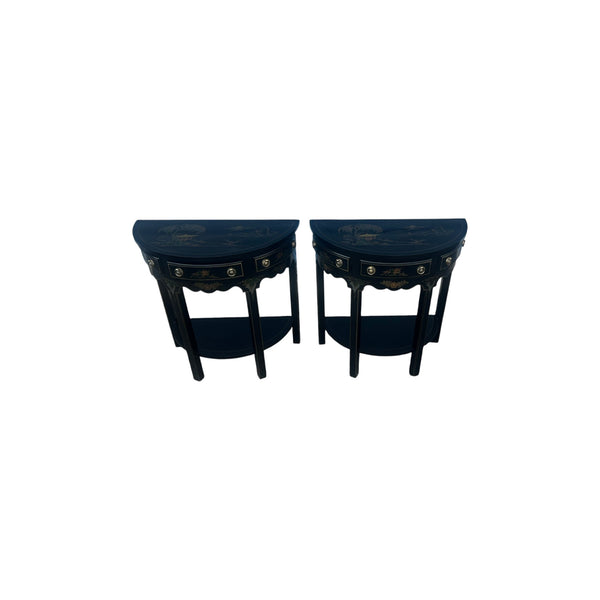 Pair of Regency Style Chinoiserie Decorated Demilune Consoles by Thomasville