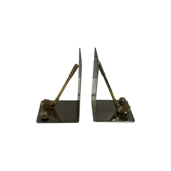 Brass and Chrome Golf Club Bookends- a Pair