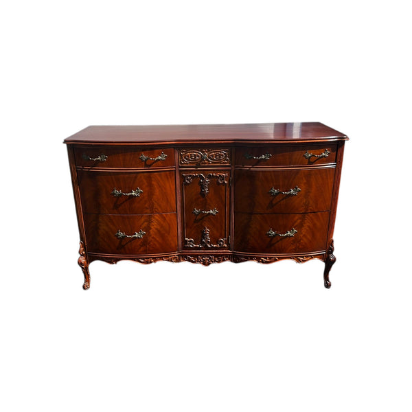 Vanleigh Attributed Early 1900s Flame Mahogany Carved Dresser /mirror Louis XV
