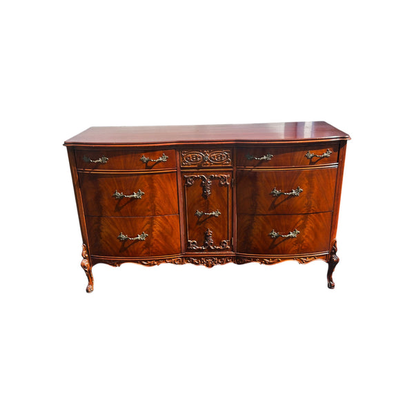 Vanleigh Attributed Early 1900s Flame Mahogany Carved Dresser /mirror Louis XV