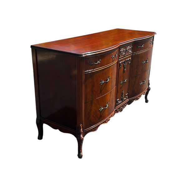 Vanleigh Attributed Early 1900s Flame Mahogany Carved Dresser /mirror Louis XV