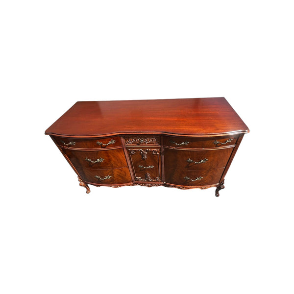 Vanleigh Attributed Early 1900s Flame Mahogany Carved Dresser /mirror Louis XV