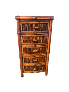 Vintage Burnt Bamboo Rattan table/nightstand 5 drawers cabinet.