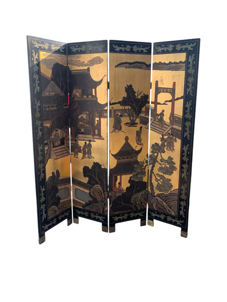 Chinese Gold Leaf and Black Lacquer Room Divider Folding Screen.