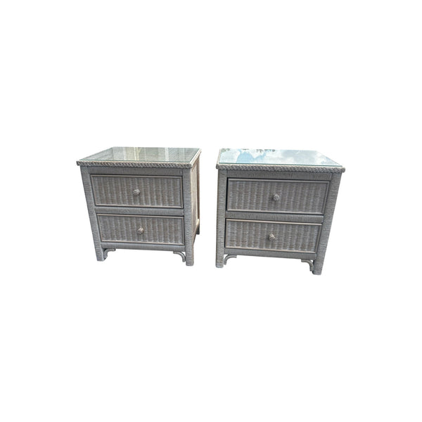 Vintage Henry Link White Wash Wicker 2 Drawer Nightstands with glass top A pair