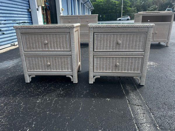 Vintage Henry Link White Wash Wicker 2 Drawer Nightstands with glass top A pair