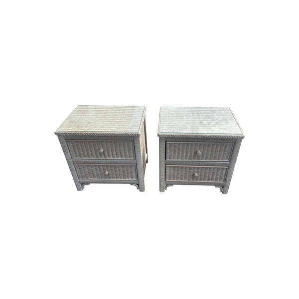 Vintage Henry Link White Wash Wicker 2 Drawer Nightstands with glass top A pair