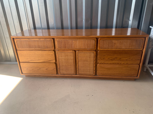 Vintage Post Modern Lane Oak & Cane 9-Drawer Dresser