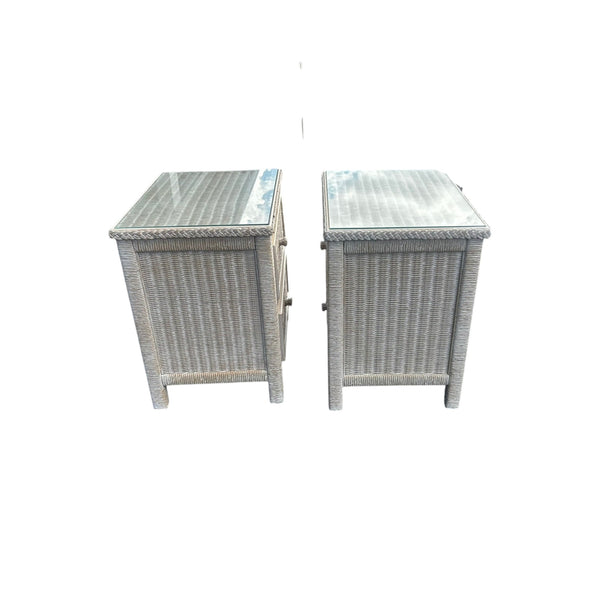 Vintage Henry Link White Wash Wicker 2 Drawer Nightstands with glass top A pair
