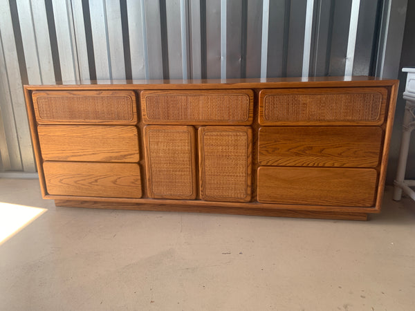 Vintage Post Modern Lane Oak & Cane 9-Drawer Dresser