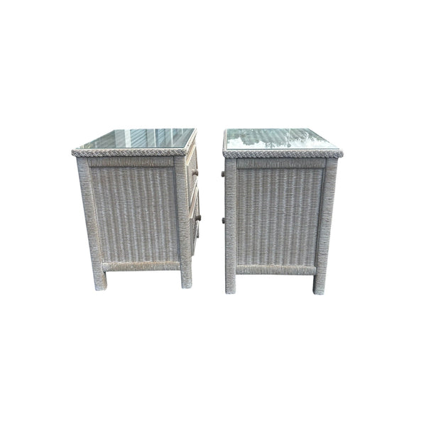 Vintage Henry Link White Wash Wicker 2 Drawer Nightstands with glass top A pair