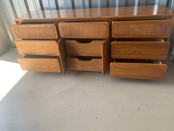 Vintage Post Modern Lane Oak & Cane 9-Drawer Dresser