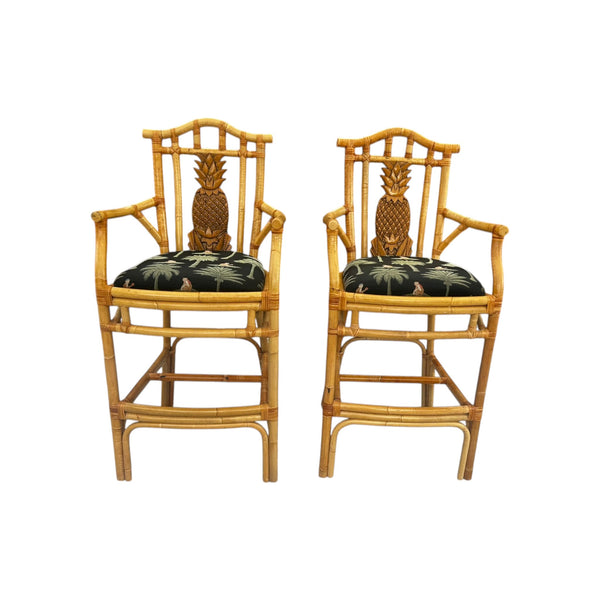Vintage Tropical Regency Rattan Pineapple back barstools in the style of Palecek