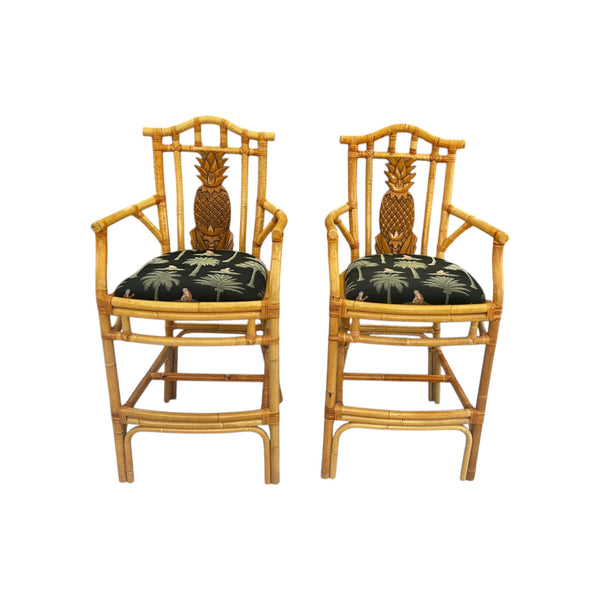 Vintage Tropical Regency Rattan Pineapple back barstools in the style of Palecek