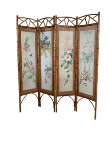 Hand Painted 4 Panel Burnt Rattan Chinese Folding Screen