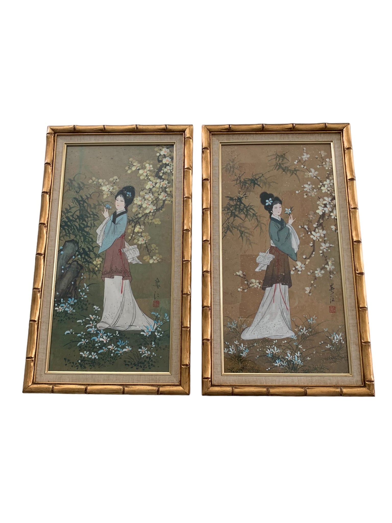 Pair of Oriental Geishas girls Paintings on Cork Signed w faux bamboo gold frame