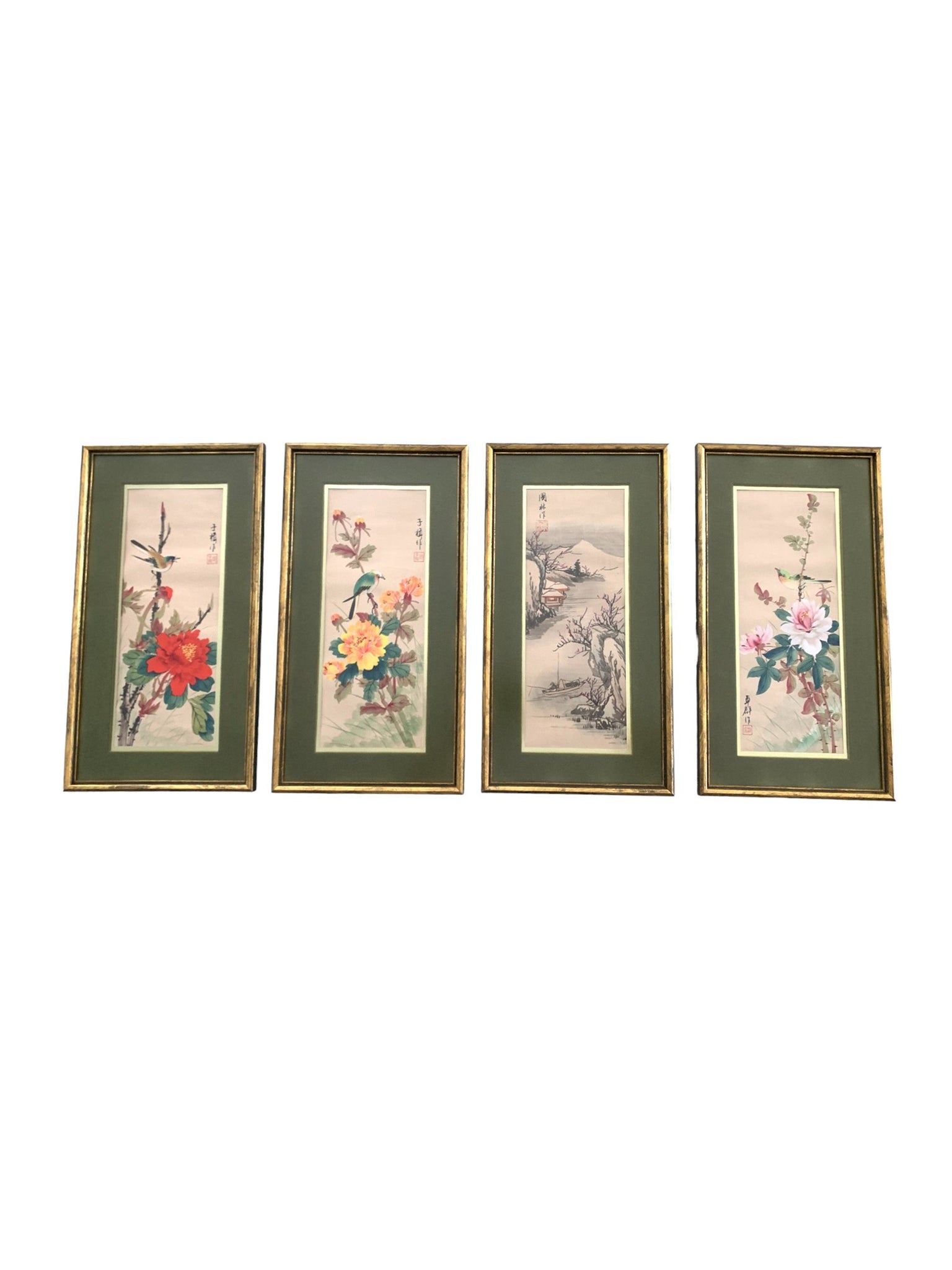 Lot of 4 vintage Chinese paintings on fabric framed.