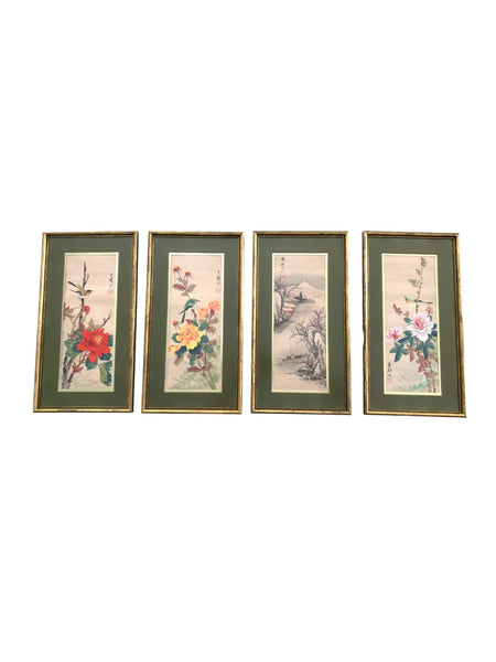 Lot of 4 vintage Chinese paintings on fabric framed.