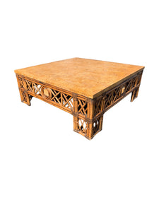 Vintage Bamboo & Rattan Chinoiserie Fretwork Faux Marble Top Coffee Table