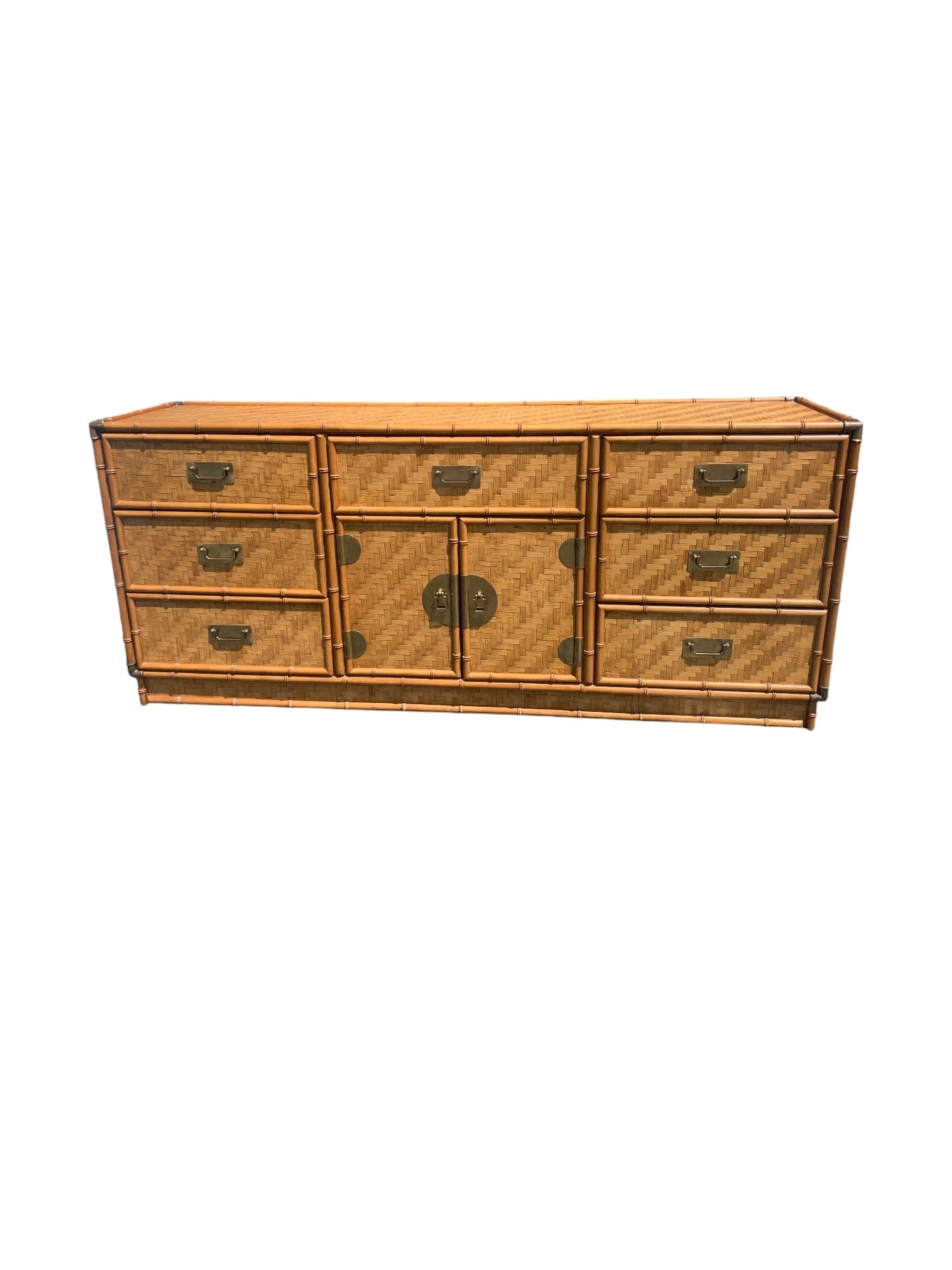 Rattan Dresser by Dixie with Faux Bamboo, Woven Herringbone Wicker & 9 Drawers