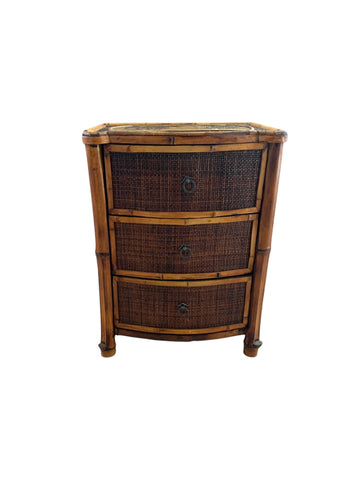 Real burnt bamboo small 3 drawers cabinet /side table with Palms top details.