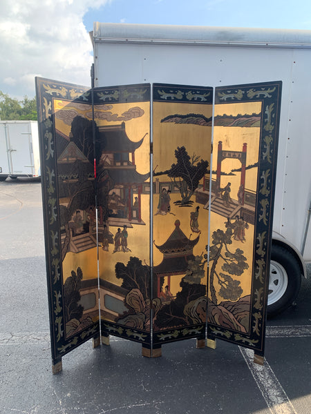 Chinese Gold Leaf and Black Lacquer Room Divider Folding Screen.