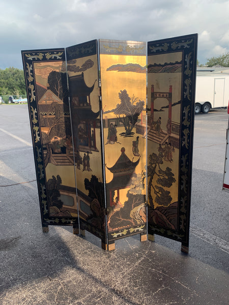 Chinese Gold Leaf and Black Lacquer Room Divider Folding Screen.