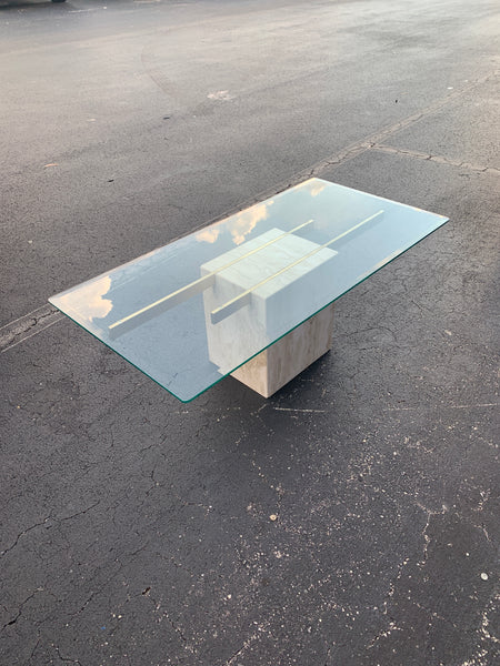 Italian Travertine, Brass and Glass Coffee Table attributed to Artedi