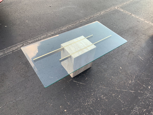 Italian Travertine, Brass and Glass Coffee Table attributed to Artedi